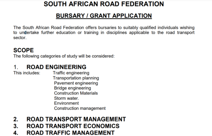 South African Bursary Grant Road Federation Application 2021