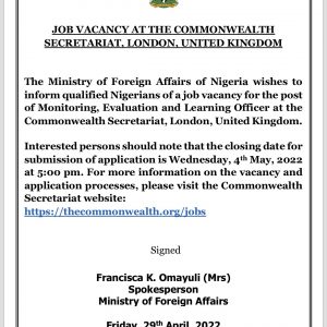 Commonwealth Recruitment Application 2022/23 (4 Position)
