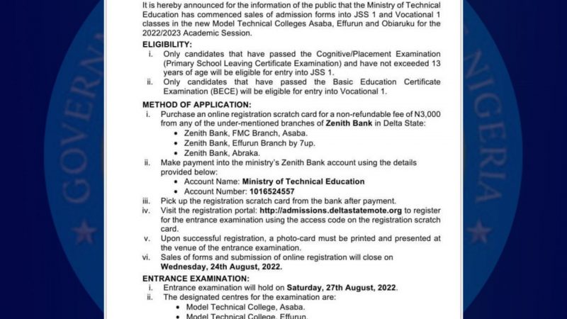 DELTA State Technical College Admission Forms Registration Portal 2022/2023